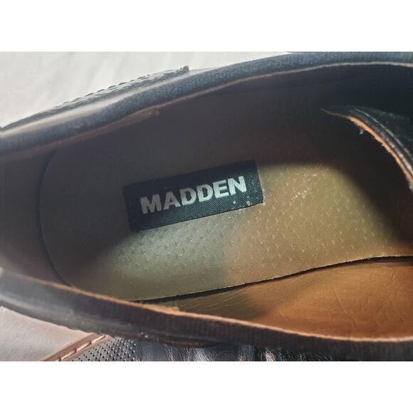 Steve Madden Mens Sz 8M Shoes Black Leather Brogue Medallion Toe Wingtip Oxfords - Picture 13 of 14